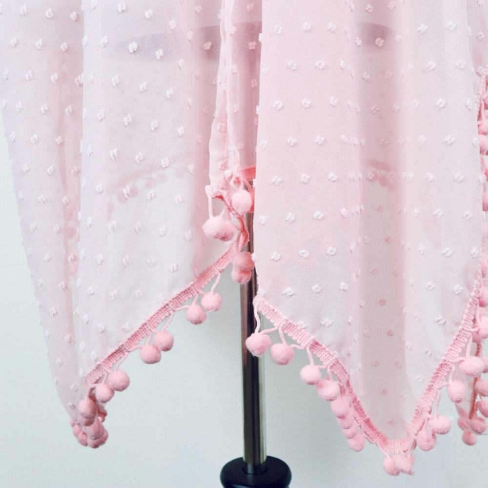 Sheer Chiffon Swiss Dot Kimono Robe One Size Negligee Pom Pom Pink - Picture 9 of 10